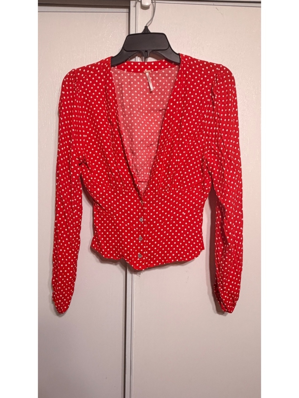 Free People Red White Polka Dot Button Front Blouse Top Size XS